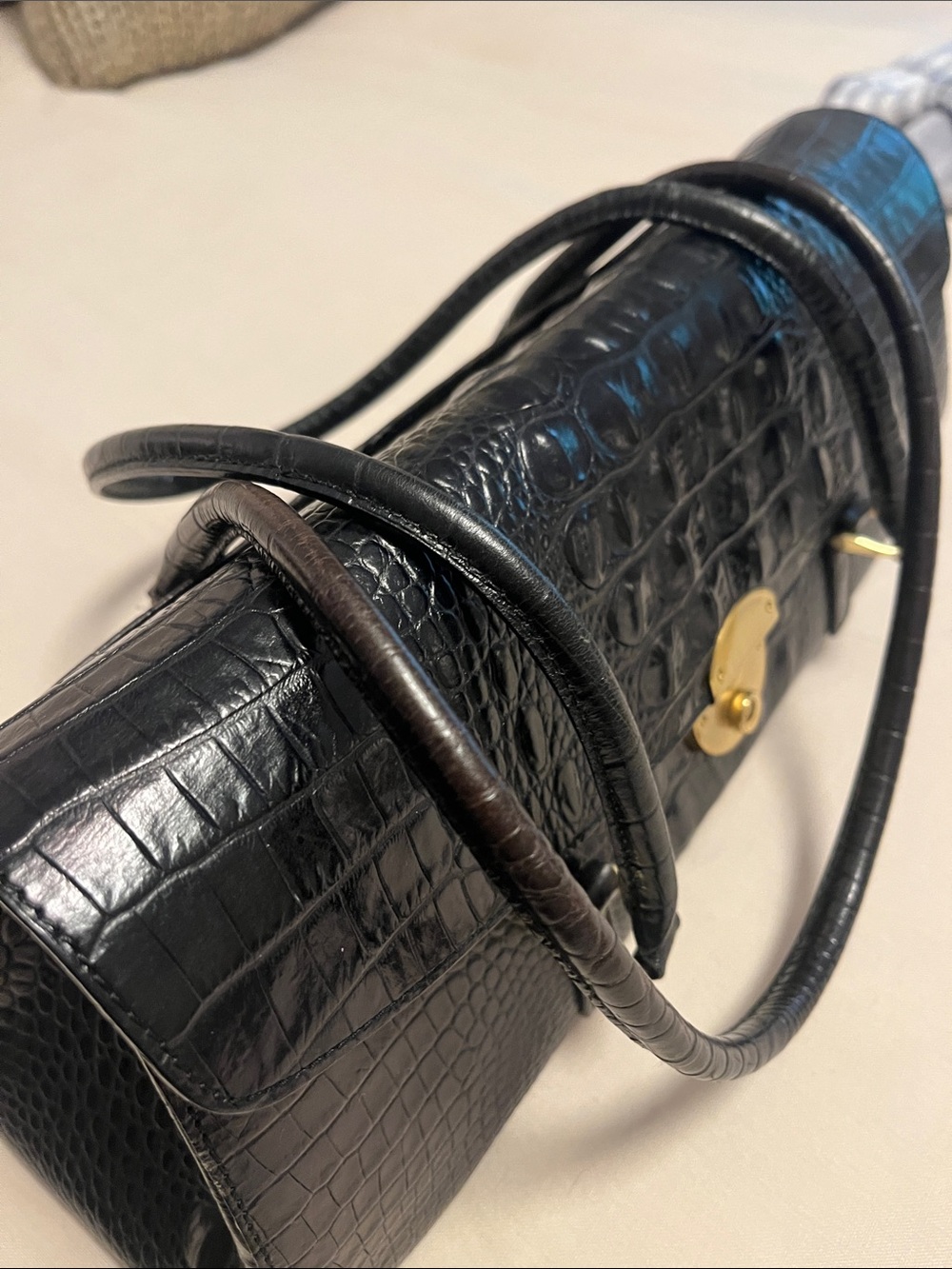 Vintage Black Dayan Melbourne Croc-Embossed Satchel East West Bag/ Gold Lock - Picture 3 of 10